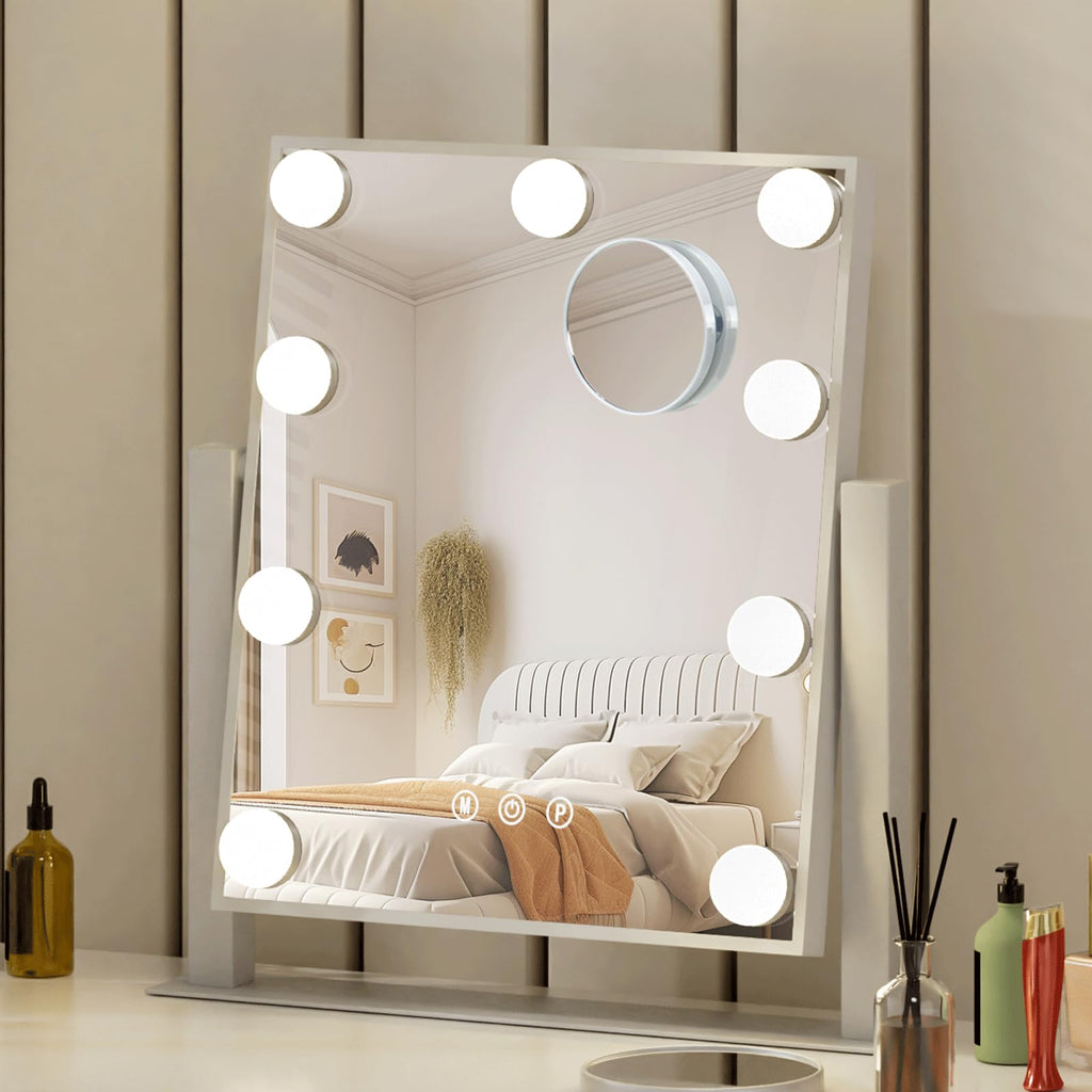 Abesthink Vanity Mirror with Lights 12" L x 14" W Small Makeup Mirror with Lights 9 LED Bulbs for Makeup Desk 3 Color Lighting Modes 360°Rotation