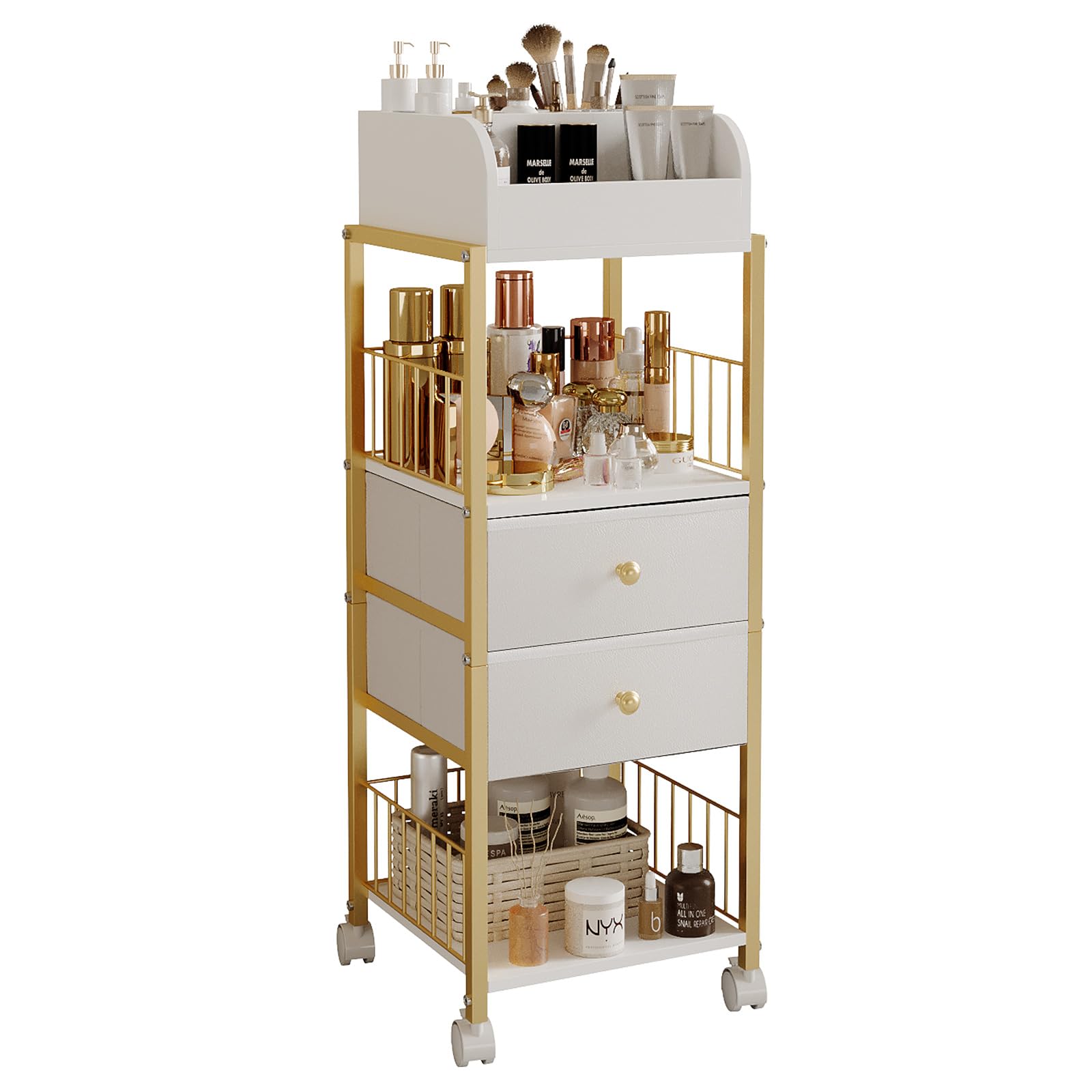 ZQUYAJ Floor Makeup Organizer Cart Large Skincare organizers Make Stand with Drawers Makeup Vanity Organizer Cosmetics Display Cases Holder for Skin Care Nail Polish Perfume Makeup Brush (Gold)