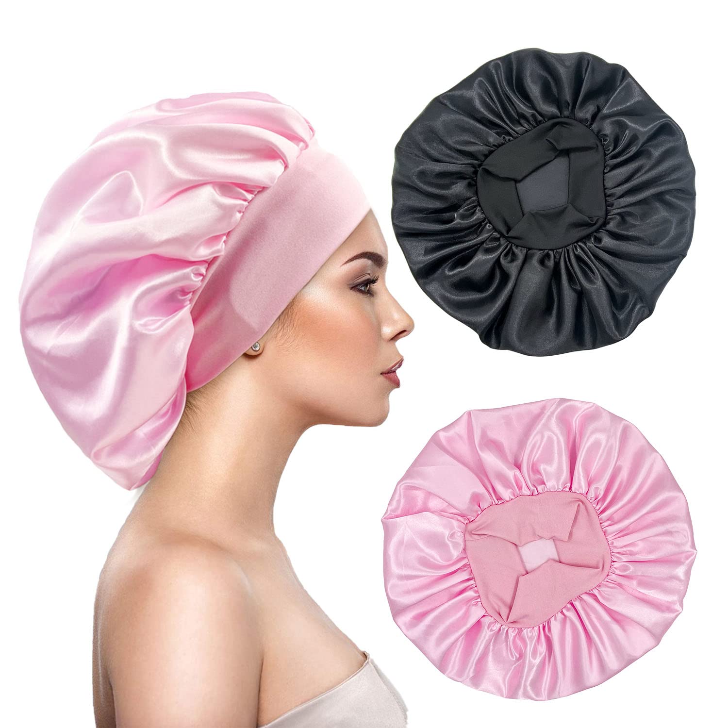 2PCS Large Satin Silk Hair Bonnet for SleepingElastic Wide Band Bonnets for Black Women BraidsSilk Hair Wrap Night Sleep Caps for Women Curly and Natural Hair (BlackPink)