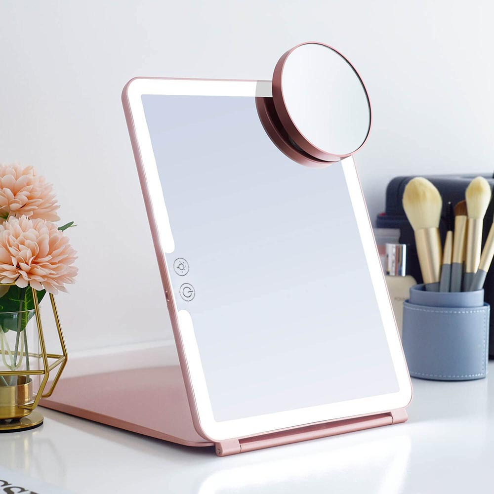 Large Lighted Portable Folding Makeup Mirror – Rechargeable, Magnifying, Travel-Friendly