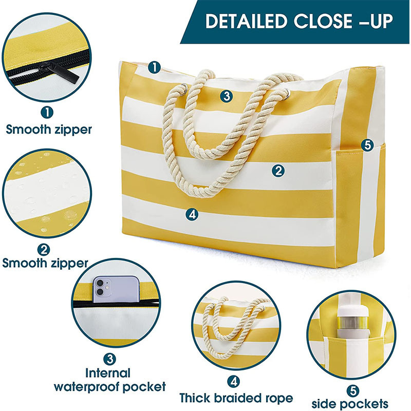 Striped Canvas Beach Tote Bag – Large Capacity Travel & Storage