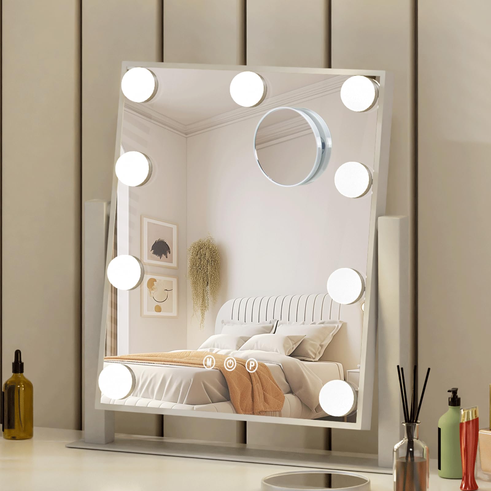 Abesthink Vanity Mirror with Lights 12" L x 14" W Small Makeup Mirror with Lights 9 LED Bulbs for Makeup Desk 3 Color Lighting Modes 360°Rotation